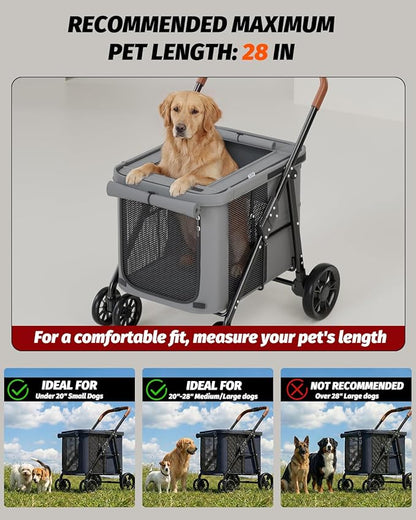 Dog Stroller for Large & Medium Dogs, Pet Stroller for 2 Small Dogs Up to 80 Lbs, Extra Large Heavy Duty, Folding & Breathable, All-Terrain Wheels, Grey