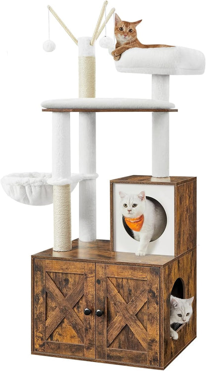 Feandrea Cat Tree with Litter Box Enclosure, 59-Inch Modern Cat Tower, 2-in-1 Condo with Scratching Posts, Washable Removable Cushion, Rustic Brown UPCT113X01