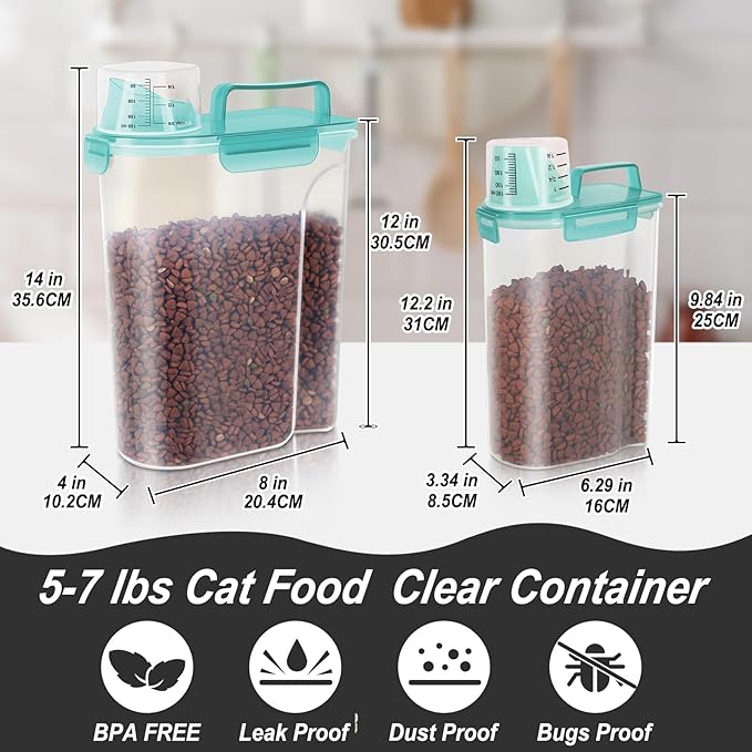 5-7Lbs Dog Cat Food Storage Container with Upgraded Large Nozzle BPA-free, 4 Snap Seals Plastic Pet Food Storage Containers with Handles (Clear Blue, (5L+3L) 2pack)