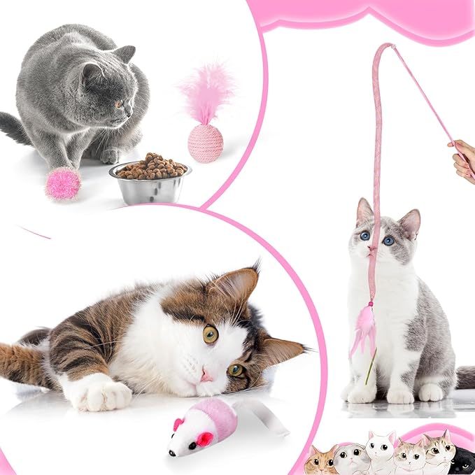 24 Pcs Cat Toys Set Interactive Kitten Toys Pack Including Collapsible Play Tunnel Feather Teaser Wand Fuzzy Ball Springs Pillow Mouse Bells for Indoor Cats Puppy(Pink)
