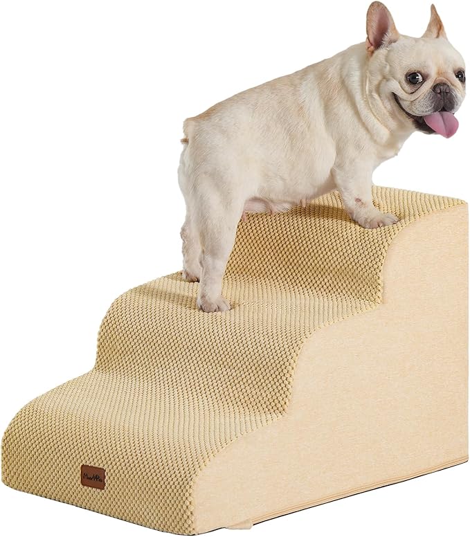 Made4Pets Dog Stairs Ramp for Small Dogs 15.7" H, 3-Step Dog Steps for Bed Couch Sofa and Chair, 35D Foam Pet Steps for Small Dogs and Cats, Non-Slip Bottom Pet Stairs, Tan