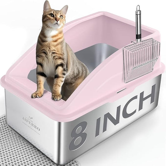 Stainless Steel Litter Box | XXL Deepened 8" Design Enclosed Box with Lid for Big Cats | High Sided, Anti-Urine Leakage | Non-Stick Bottom & Includes Litter Mat & Metal Scoop(Cute Pink)