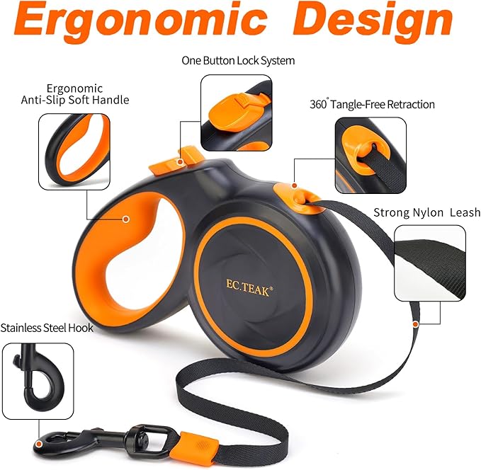Retractable Dog Leash, Great Leash Retractable for Small/Medium/Large Dogs up to 110 lbs, Strong Nylon Tape, Tangle Free, One-Hand Brake