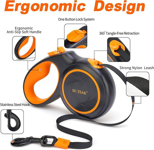 Retractable Dog Leash, Great Leash Retractable for Small/Medium/Large Dogs up to 110 lbs, Strong Nylon Tape, Tangle Free, One-Hand Brake