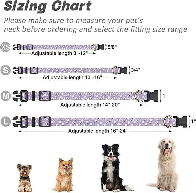 Reflective Dog Collar for Small Dogs, Cute Flower Theme Adjustable Heavy-Duty Nylon Puppy Collar for Boy and Girl Female, Soft Pet Accessories with Quick Release Buckle, Purple White