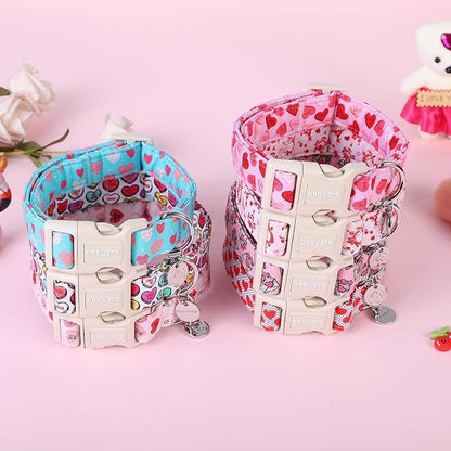 DOGWONG Valentine's Dog Collar - Pink Heart Adjustable Cotton Heart Dog Collar - Perfect for Small to Medium Dogs
