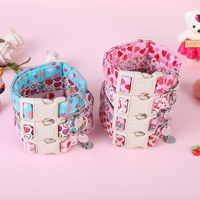 DOGWONG Valentine's Dog Collar - Blue Heart Adjustable Cotton Heart Dog Collar - Perfect for Small to Medium Dogs