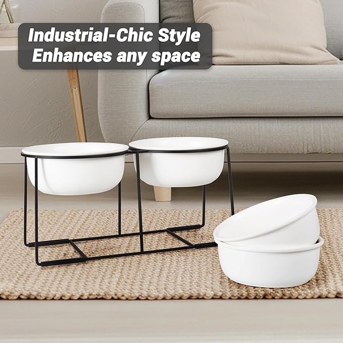 Ceramic Elevated Dog Bowl Set - Raised Double Feeding Bowls with Metal Stand - Pet Dishes for Medium and Large Dogs - 3.5 Cups - 54 fl oz - Matte White