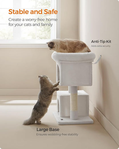 Feandrea Cat Tree, 33.1-Inch Cat Tower, Plush Condo for Large Cats up to 16 lb, Large Perch, 2 Caves, Scratching Post, Cream White UPCT061T01