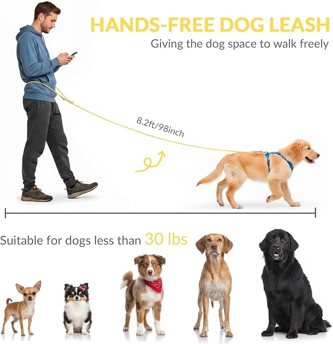 8.2ft Hands Free Dog Leash,Versatile Waist & Crossbody Lead for Medium Dogs,Waterproof & Adjustable for Running Jogging Walking, 360° Swivel Metal Buckle (Yellow)