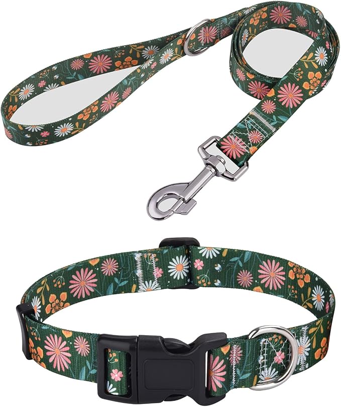 Dog Collar and Leash Set with Bohemia Floral Tribal Geometric Patterns - Soft Ethnic Style Collar Adjustable for Small Medium Large Dogs(Dark Green Flower Set,XS)