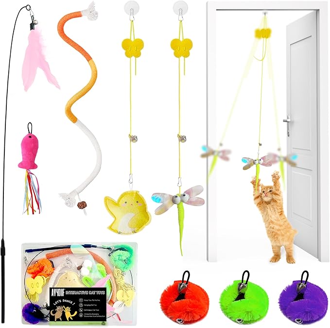 Interactive Cat Toys 8 Pcs, 1 Interactive Wand, 1 Cat Chew Ropes 7 Assorted Teaser Refills and 2 Indoor Hanging Catnip Toy Suitable for Bored Adult Cats and Kittens Play Chase Exercise