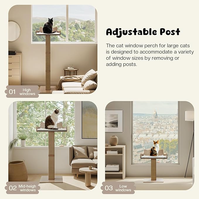 Cat Window Perch with Thick Sisal Scratching Post, Cats Hammock for Window with 3 Upgrade Suction Cups, 55" Adjustable Tall Cat Scratching Post with Large Perch, Cats Window Bed with Fluffy Cushion