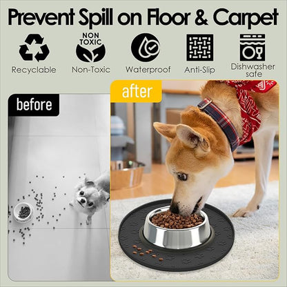 Pet Feeding Mats for Food and Water, Waterproof Anti-Slip Placemats for Dog Cat Bowl, 1 Pack Silicone Pet Food Mat, Dishwasher Safe 10.9 × 10.9 (1 Pack, Black)