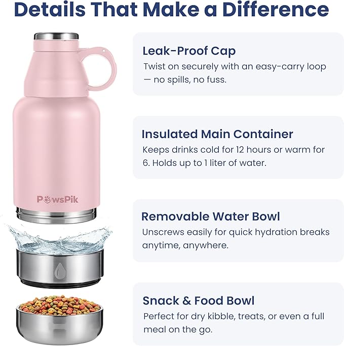 PawsPik 32oz 3-in-1 Travel Dog Water Bottle & Bowl Set – Stainless Steel Vacuum-Insulated Bottle with Detachable Food & Water Bowls, Leak-Proof, Keeps Water Cold 12hrs/Hot 6hrs (Cherry Blossom Pink)