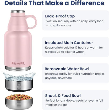PawsPik 32oz 3-in-1 Travel Dog Water Bottle & Bowl Set – Stainless Steel Vacuum-Insulated Bottle with Detachable Food & Water Bowls, Leak-Proof, Keeps Water Cold 12hrs/Hot 6hrs (Cherry Blossom Pink)