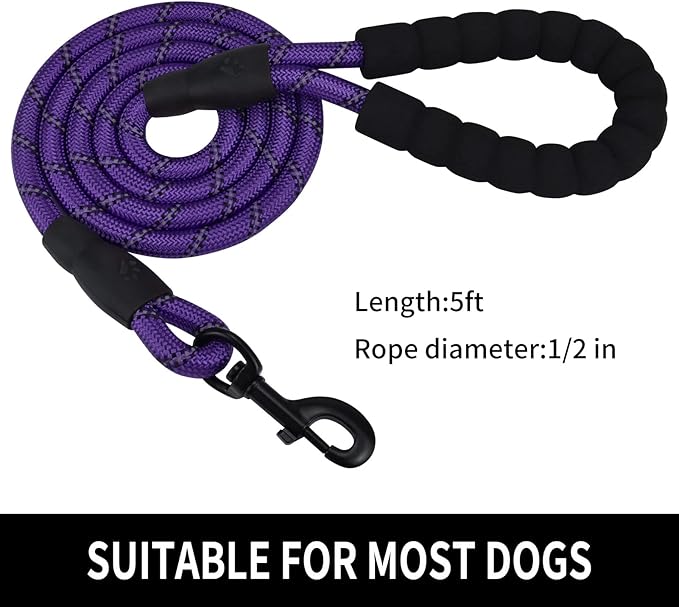 5/6 FT Strong Pet Dog Leash with Soft Padded Handle,Highly Reflective Rope for Night Walking,360-Degree Rotating Metal Buckle Without Tangles,Suitable for Small,Medium and Large Dogs.(5ft)