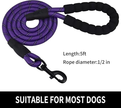 5/6 FT Strong Pet Dog Leash with Soft Padded Handle,Highly Reflective Rope for Night Walking,360-Degree Rotating Metal Buckle Without Tangles,Suitable for Small,Medium and Large Dogs.(5ft)