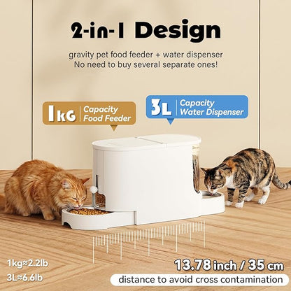 JUNSPOW Automatic Cat Feeder 2-in-1 Set, Gravity Cat Food Feeder and Water Dispenser, Dog Feeding & Watering Supply with Stailess Steel Bowls, Large Capacity Low Noise, White