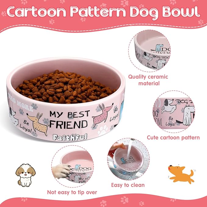 Maxcheck 2 Pcs 5 Inch Ceramic Dog Bowls Dishes for Small Dogs Cute Cartoon Pattern Puppy Cat Bowls Heavy Food Water Dishes for Pets Feeding Travel, Dishwasher Safe Microwave Safe(Pink)