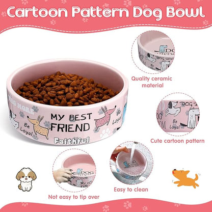 Maxcheck 2 Pcs 5 Inch Ceramic Dog Bowls Dishes for Small Dogs Cute Cartoon Pattern Puppy Cat Bowls Heavy Food Water Dishes for Pets Feeding Travel, Dishwasher Safe Microwave Safe(Pink)