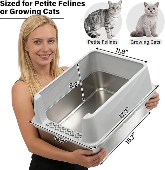 Stainless Steel Litter Box with Lid, Metal Litter Box High Sides, Low Entry Litter Boxes with Scoop and Mat,Non-Stick,Anti-Leakage,Easy to Clean Litterbox for Small to Medium Cats