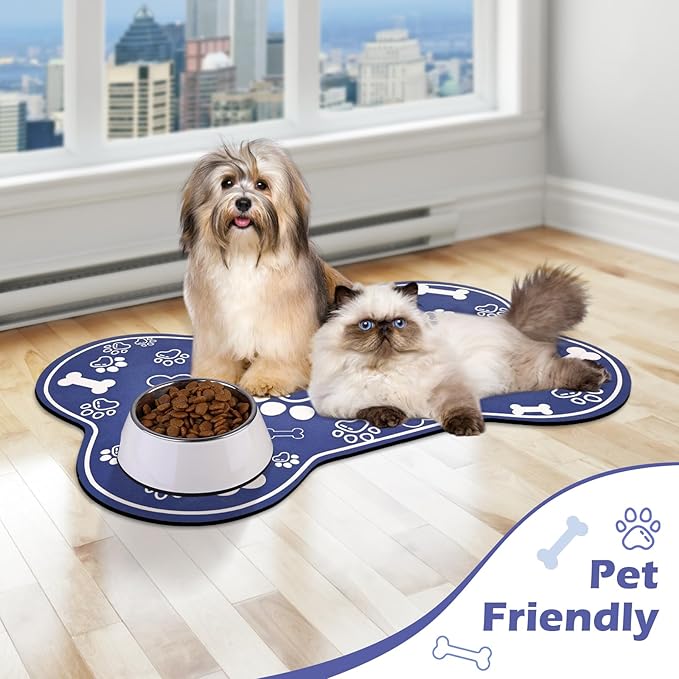 Dog Cat Mat for Food and Water,Rapid Absorbent Pet Feeding Mat, Bone Shaped Dog Placemat Bowl Mat with Rubber Backing,No Stains Pet Food Mats Indoor, Pet Accessories Supplies,Blue 16"×24"