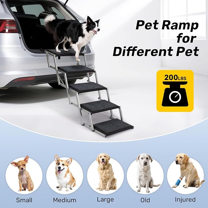 Dog Steps for Car, Truck and SUV - Foldable Pet Stairs for Large Dogs with Non-Slip Rug Surface, Lightweight Dog Ramp Holds Up to 250lbs, 5 Steps