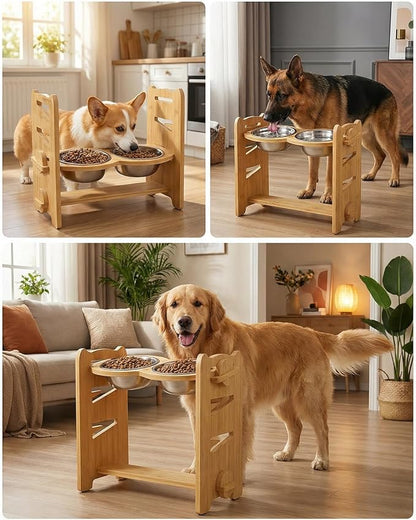 Elevated Dog Bowls, Adjustable Raised Dog Bowl Stand for Medium Size Dogs, 15°Tilted Elevated Dog Bowls, Durable Bamboo Dogs Feeder with 2 Stainless Steel Bowls and Non-Slip Feet