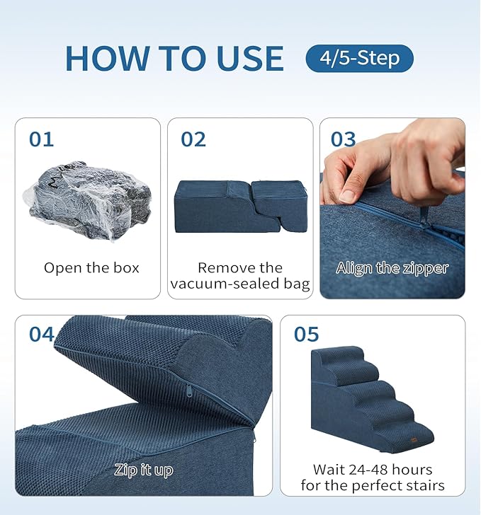 Made4Pets Dog Stairs Ramp for High Bed 22.8" H, 5-Step Pet Stairs for Bed Couch Sofa Climbing, 35D Foam Pet Steps for Small Dogs and Cats, Non-Slip Bottom Dog Steps, Navy