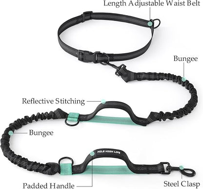 Mile High Life Hands Free Waist Leash for Dog Running Training and Jogging, Adjustable Belt with Double Handle, Reflective Bungee for Medium Large Dogs (Black Teal, 7FT)