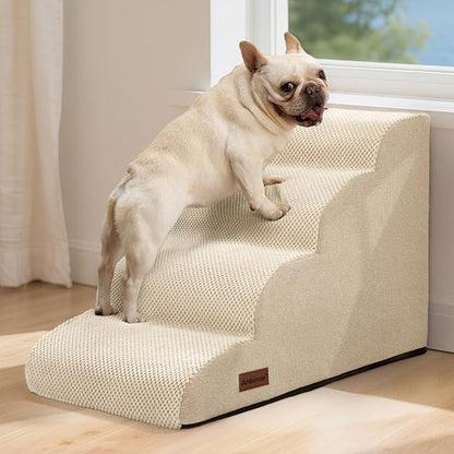 Dog Steps for Bed and Couch,4-Step Dog Stairs and Ramp for Small Dogs & Cats,Indoor Anti-Slip Pet Stairs for Old Cats and Puppy,Beige