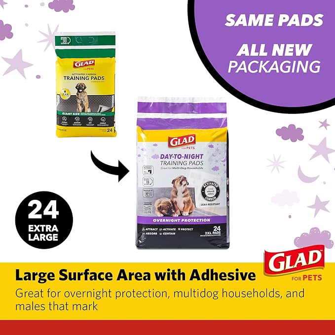 Glad for Pets Day to Night Activated Carbon Puppy Training Pads, Odor Control Disposable Dog Pads with Adhesive and Wall Protection, Leak Proof and Super Absorbent, 30 x 36 Inch, 24 Count - 6 Pack