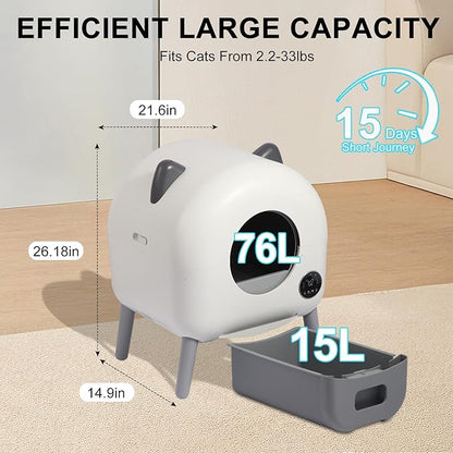 Self Cleaning Litter Box, Automatic Cat Litter Box, Self Cleaning for Cats, 76L Large Capacity for Multiple Cats with App Control Multi Safety Protection, Garbage Bags, Mat, Brush