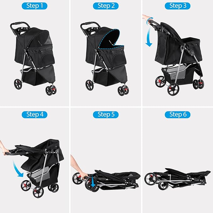 Foldable Pet Stroller for Cats and Dogs 3 Wheels Carrier Strolling Cart with Weather Cover, Storage Basket + Cup Holder (Black)