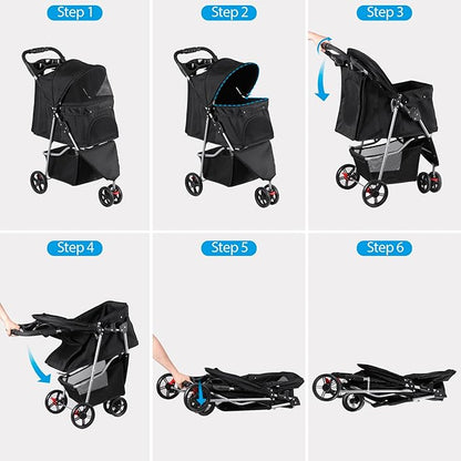 Foldable Pet Stroller for Cats and Dogs 3 Wheels Carrier Strolling Cart with Weather Cover, Storage Basket + Cup Holder (Black)