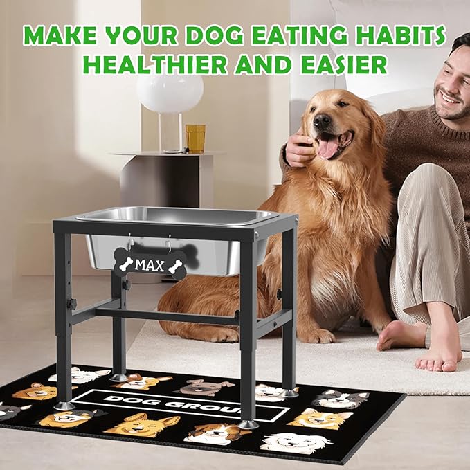 2 Gallon Elevated Dog Water Bowl for Large Breeds, 4-Height Adjustable Raised Dog Bowl(9.4-14.2'') with Stainless Steel Bowls, Spill-Proof Mat & Sturdy Metal Base for Indoor/Outdoor Use