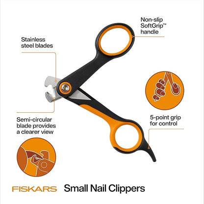 Fiskars Pet Small Pet Nail Clippers, Cat and Dog Nail Trimmers for Grooming, Pet Supplies with Precision Stainless Steel Blades & SoftGrip Handle, 4.25”, Orange/Black
