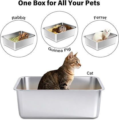 Stainless Steel Litter Box for Cats, Metal Cat Litter Box Non-Stick and Easy to Clean, High Sided Litter Pan for Kitten, Rabbit, and Small Pets