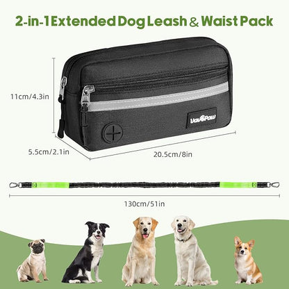 Hands Free Dog Leash with Pouch, Waist Leash for Dog Walking, Jogging, Hiking, Retractable Leashes with Dual Padded Handles, Adjustable Reflective Belt for Small Medium Large Dogs, Black Green