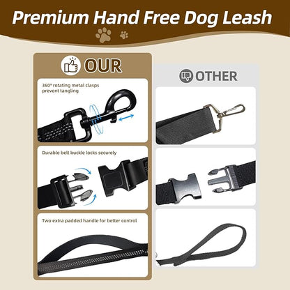 Hands Free Dog Leash with Zipper Pouch, Dual Padded Handle Waist Belt, Retractable Bungee Leash with Reflective Stictches for Small & Medium Dog Running Walking Jogging Training, Black