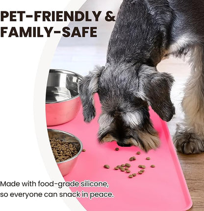 VIVAGLORY Dog Food Mat Flexmat Dog Bowl Mat, Placemat Food Tray with Raised Edges & Lip for Indoor Floor, Non Slip Waterproof Silicone Dish Placemat for Cat & Pet, L, Pink