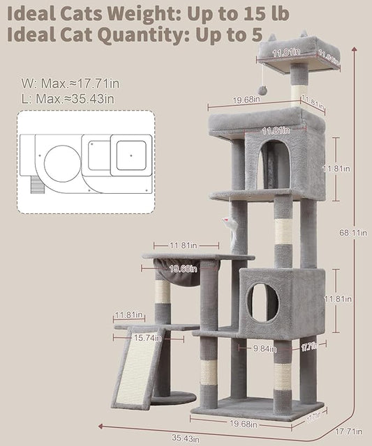 68 Inches Heavy Duty Cat Tree for Indoor Cat, Big Cat Tower with Sisal Scratching Posts and Top Perch, Large Platform for Adult Cats, PMT02GY, Grey