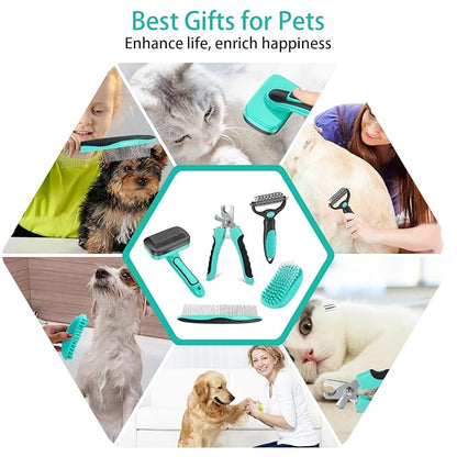 5 PCS Self Cleaning Slicker Brush & Pet Grooming Rake & Bath Brush & Nail Clippers & Pet Comb for Dogs and Cats,Professional Deshedding Dematting Tool for Long and Short Haired Pets