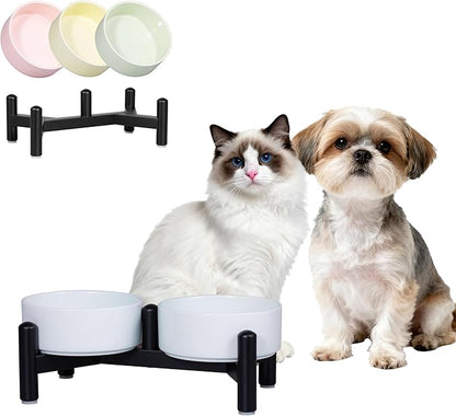 Elevated Ceramic Dog Bowl Set - Cute Double Dishes with Stainless Steel Stand – Raised Feeding Bowls for Cats and Small Dogs - Food & Water Set - 5" / 1.4 Cups (140 g / 260 ml) - Blue