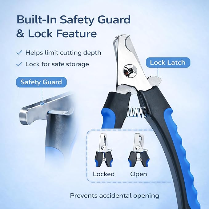 Dog & Cat Nail Clippers & Trimmers - Extra Sharp Dog Clippers with Stainless Steel Blades & Safety Guard to Avoid Overcutting - Ergonomic Cat Nail Clippers with Non-Slip Grip & Lock Feature
