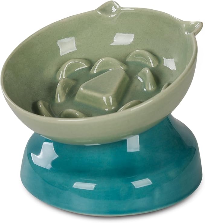Slow Feeder Cat Bowl, Ceramic Cat Slow Feeder,Elevated Anti Vomiting Whisker Friendly Tilted Design,for Dry and Wet Food,Dishwasher Safe (Green)
