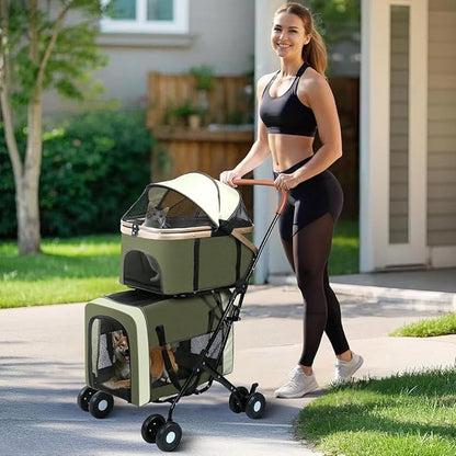 YYW Double Pet Stroller for Small Dogs & Cats - 4 in 1 Foldable Dog Stroller with 2 Detachable Carriers, Lockable Wheels & Safety Belts, Ideal for Multi-Pet Homes Walks & Travel(Green)