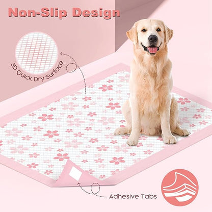 MIZOK Dog Pee Pads Extra Large 28"x34", Potty Pads for Big Dog Breeds, Super Absorbent & Leak-Proof, Pink Cherry Blossom Prints, Thick & Heavy, 4 Adhesive Tabs, XL (40 Counts)