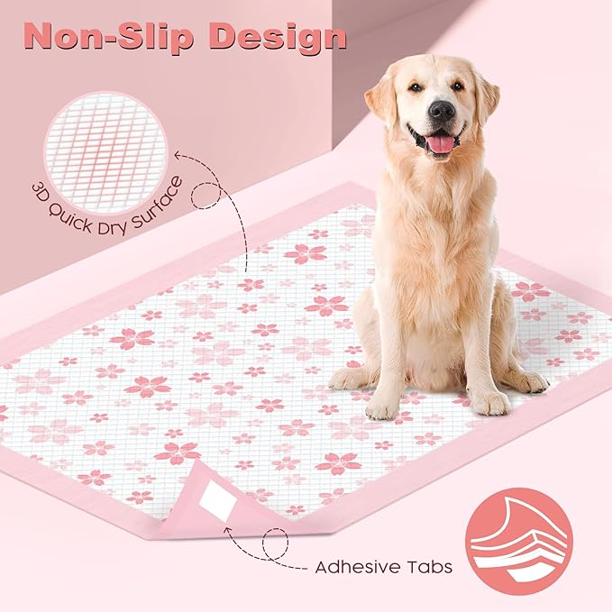 MIZOK Dog Pee Pads Extra Large 28"x34", Potty Pads for Big Dog Breeds, Super Absorbent & Leak-Proof, Pink Cherry Blossom Prints, Thick & Heavy, 4-Corner Adhesive Tabs, XL (50 Counts)